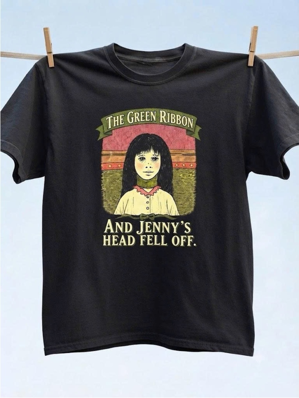 Vintage Black Tee with 'The Green Ribbon' Horror Jenny’s Head Graphic